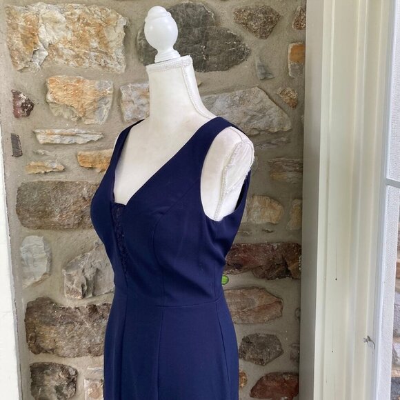 Eliza J Navy Blue Laguna Lace Inset Trumpet Crepe Gown Size 10 $208 - Picture 7 of 12